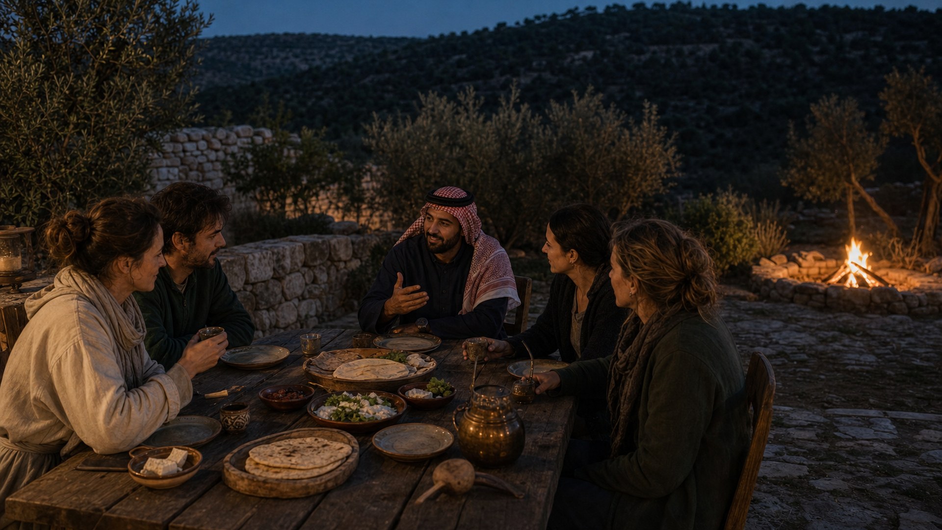 Guests sharing Jordanian food in a small farm gathering Concept imagery commissioned for Athar Retreat.