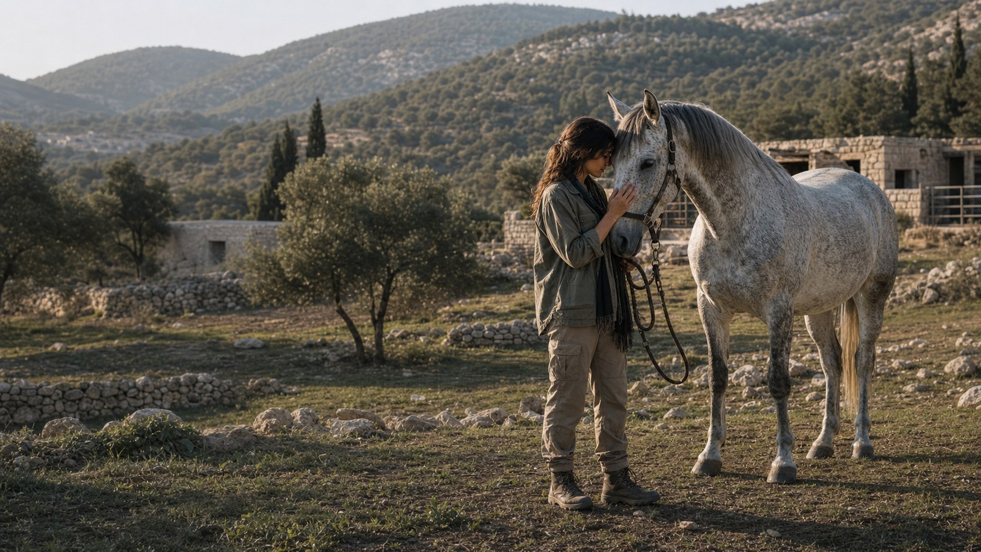 A guest meeting a horse in the hills of northern Jordan Concept imagery commissioned for Athar Retreat.