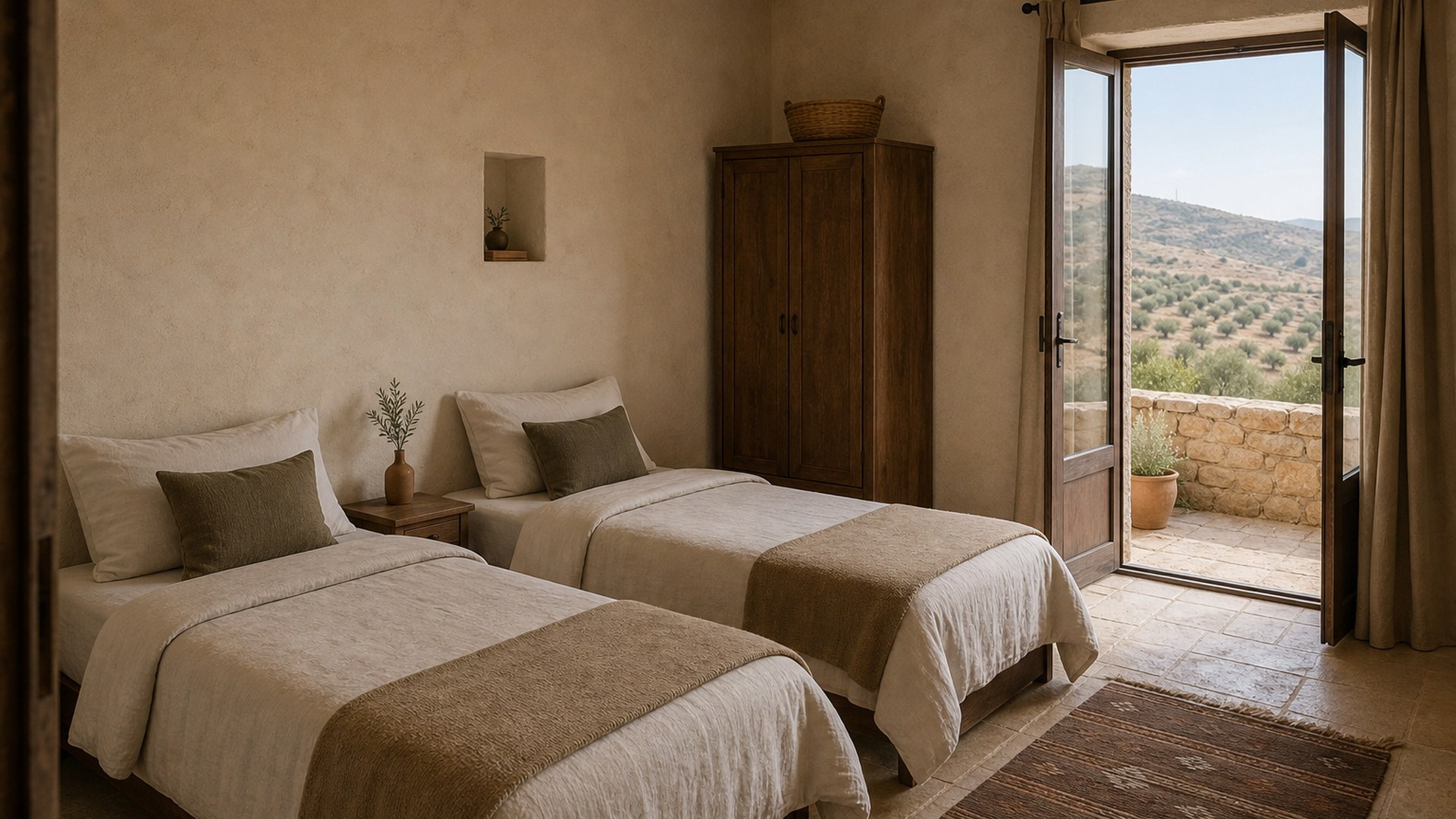 A restrained twin guest room with a small terrace Concept imagery commissioned for Athar Retreat.