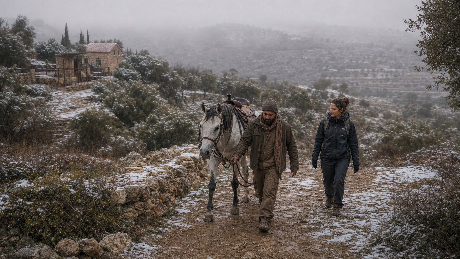 A horse and guest in the changing winter landscape of northern Jordan Concept imagery commissioned for Athar Retreat.